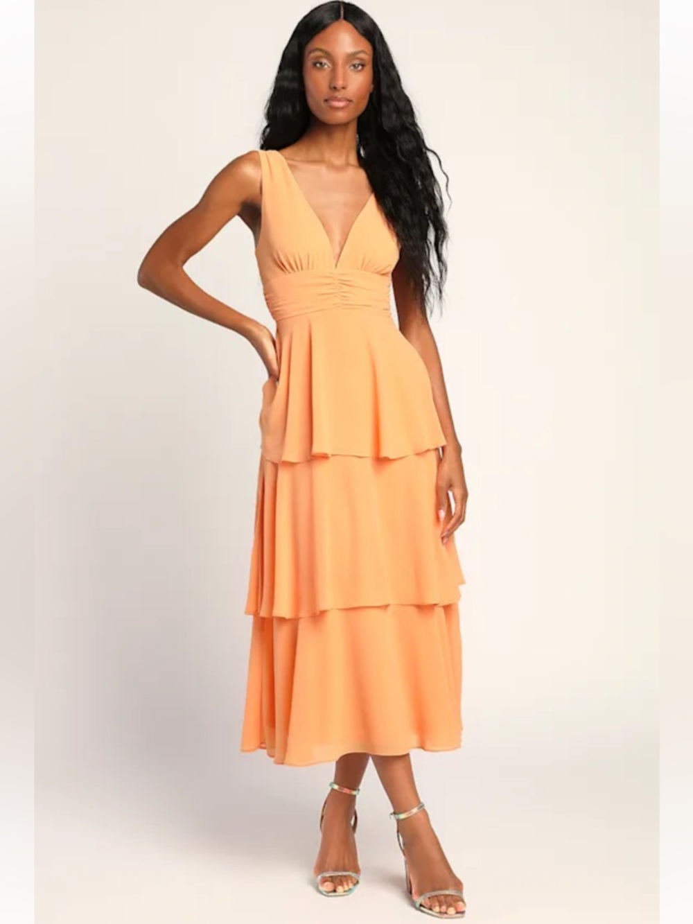 Lulu's Celebration Time Light Orange Tiered Midi Dress